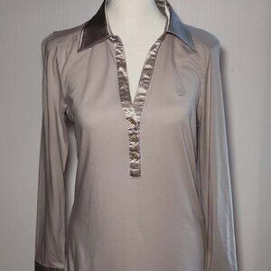 Izod grey long sleeved polo with satin collar and cuffs size S